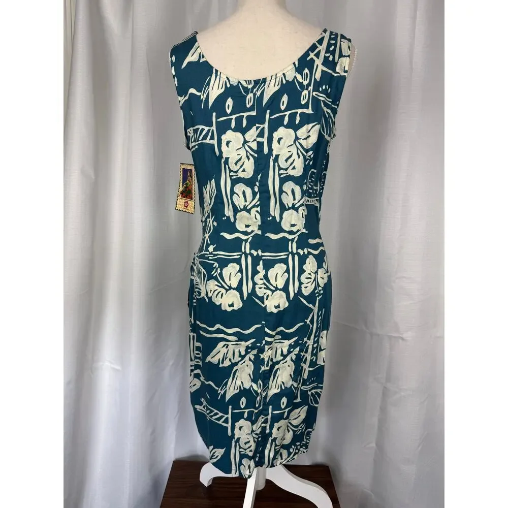 Hawaiian Wrap Dress Teal White Floral Tropical Rayon Medium - Picture 6 of 8